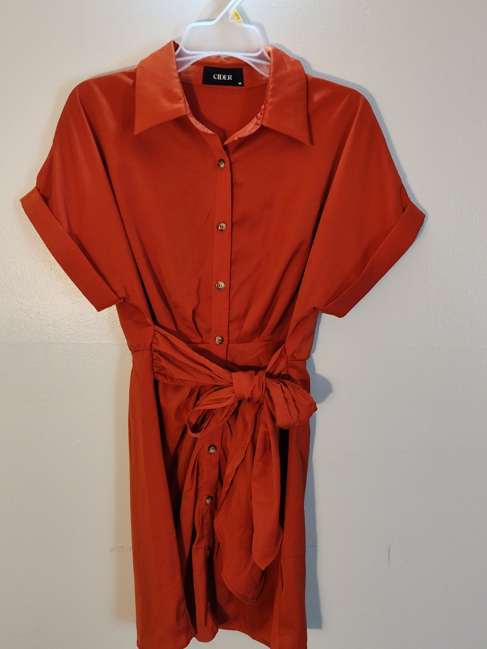 Cider Burnt Orange Button-Front Shirt Dress with Tie Waist